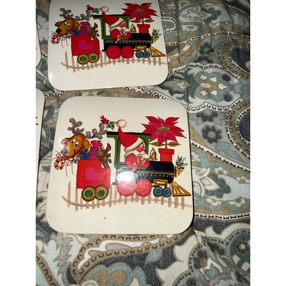 Vintage Conimar Holiday Coasters Set of 6 Christmas Santa Train Cork Back 3.75in